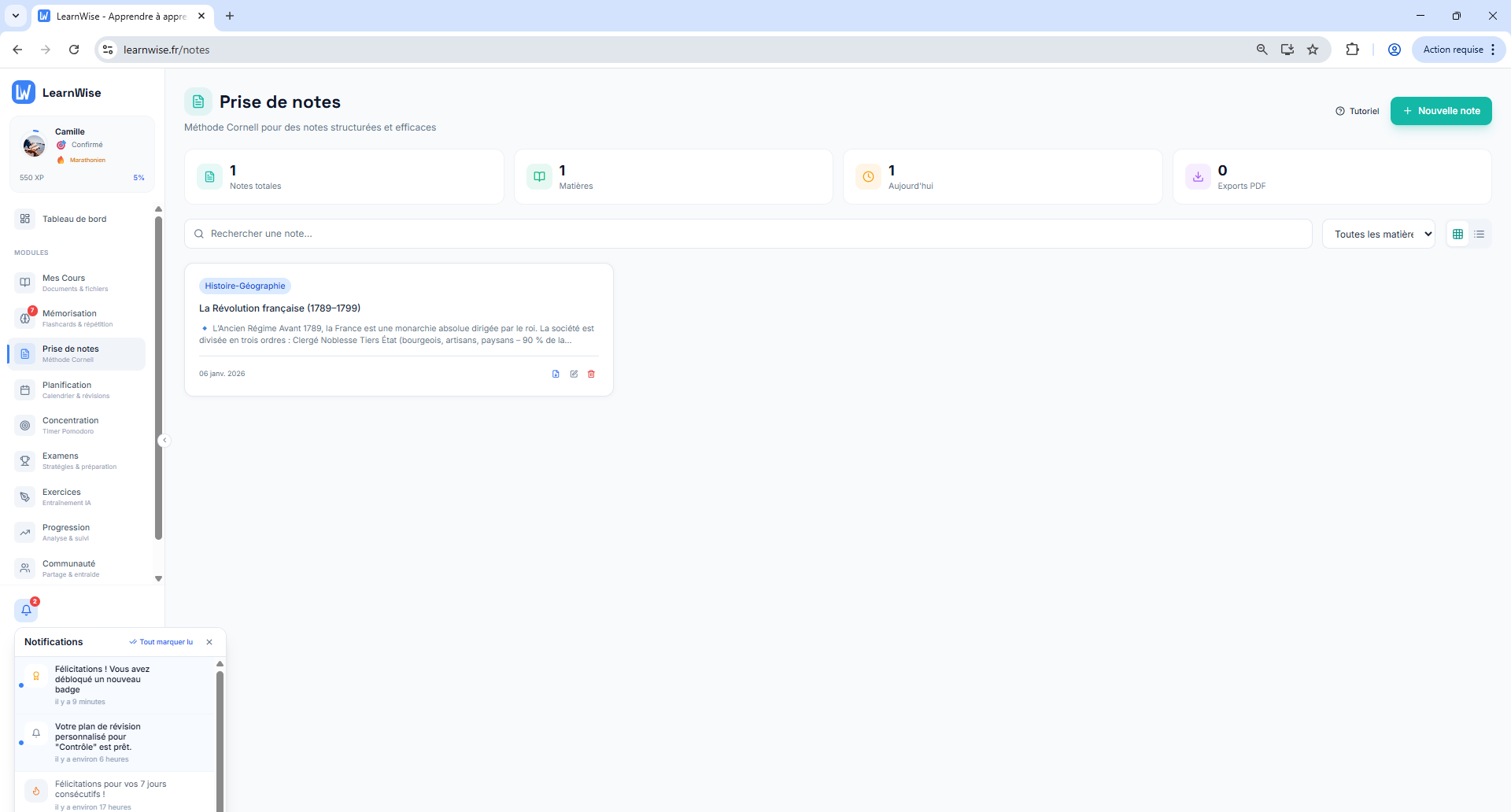 Liste des notes Cornell
