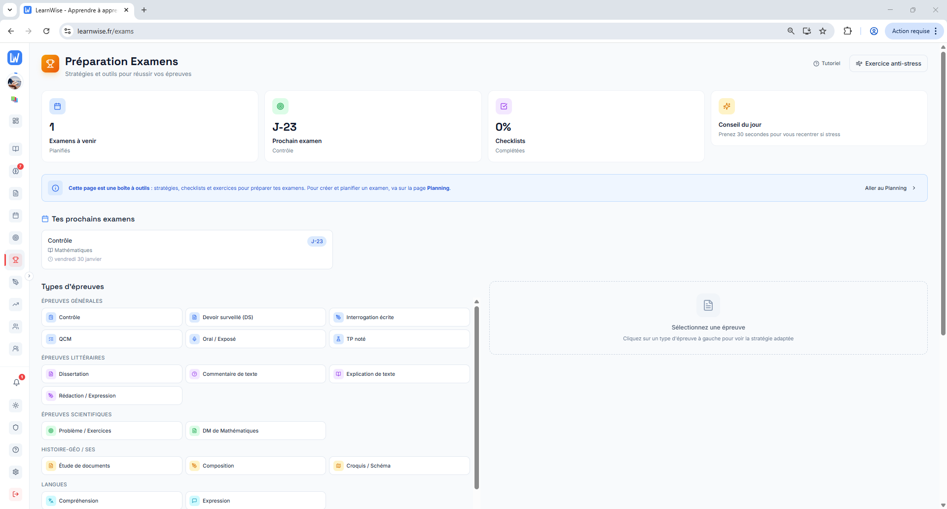 Types d'épreuves disponibles