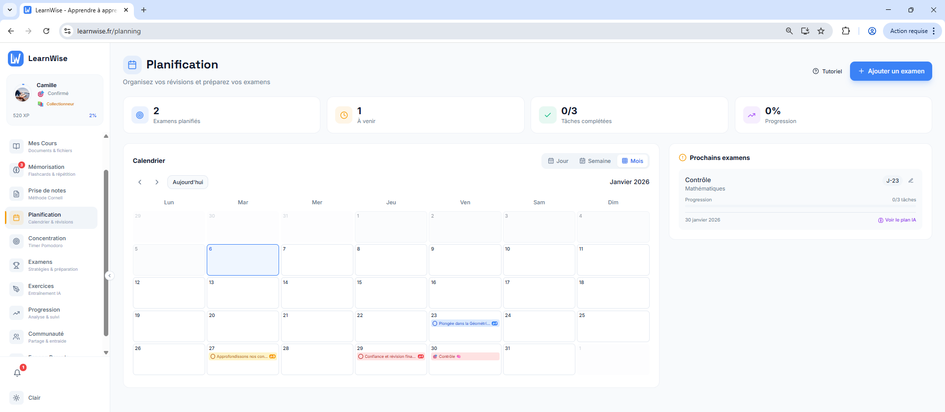 Calendrier avec examens planifiés